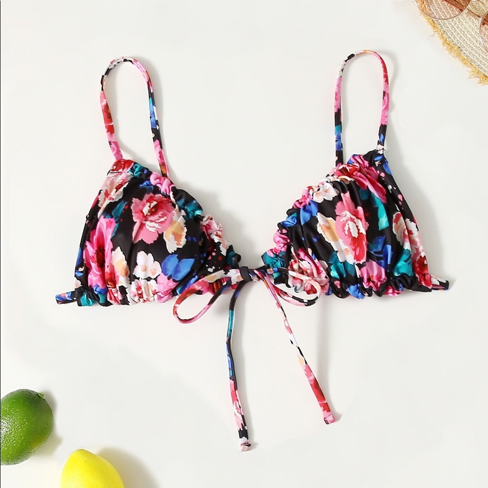 Floral Tie front ruched bikini top and bottom